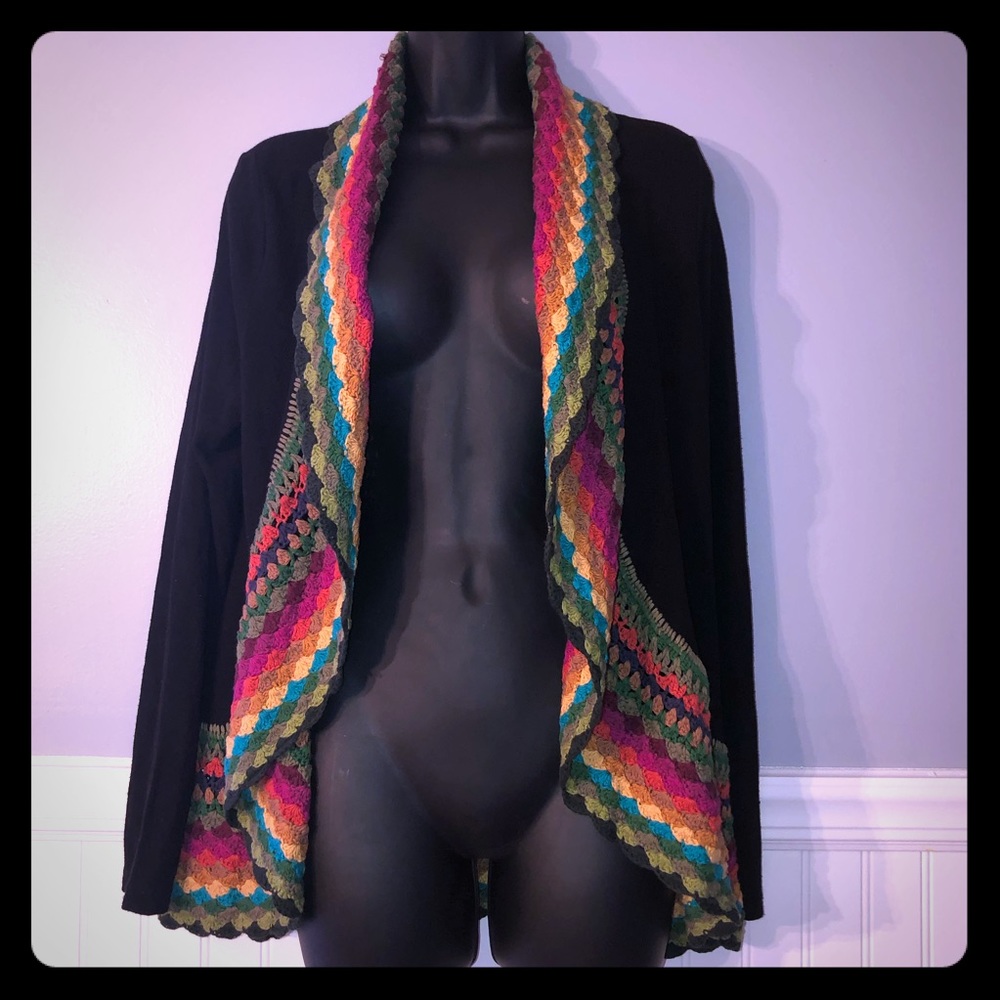 Boho great knit black cardigan w rainbow crochet